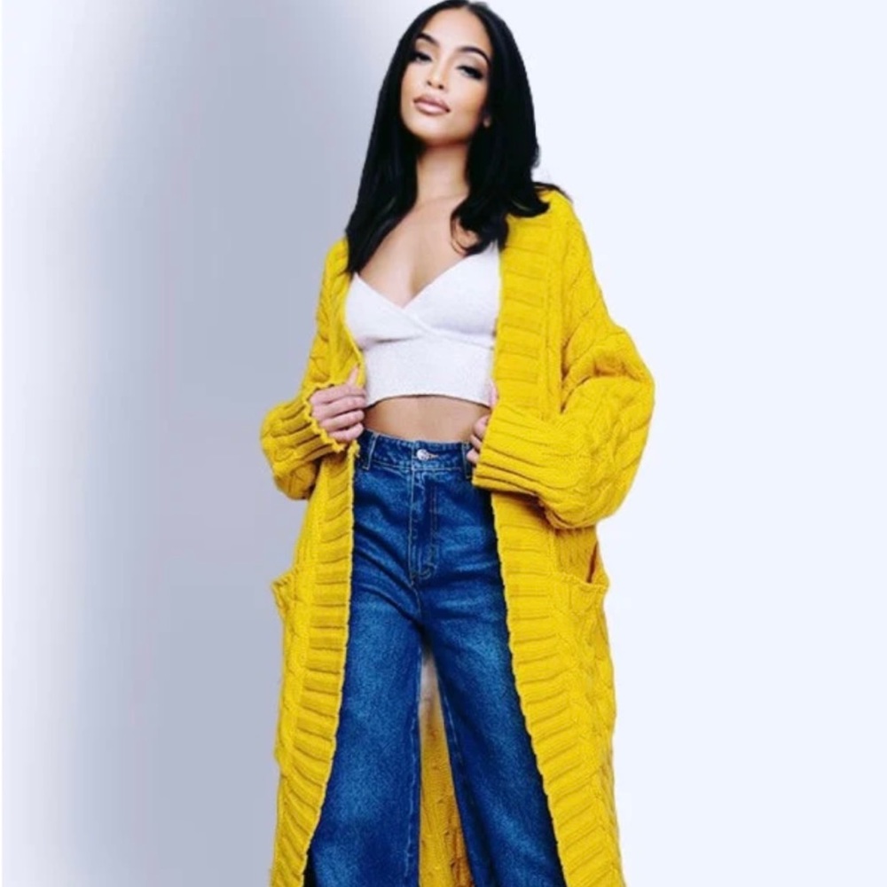 Long, Cardigan Knit Sweater in Yellow